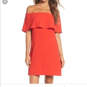 Charles Henry Tomato Red Off-the-Shoulder Dress